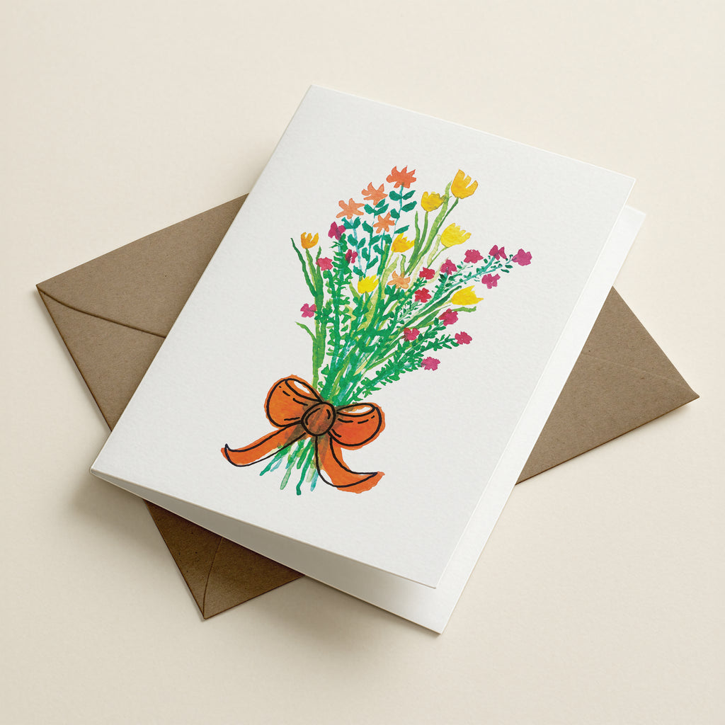 Bunch Of Blooms - Orange Bow - Botanical Greeting Card