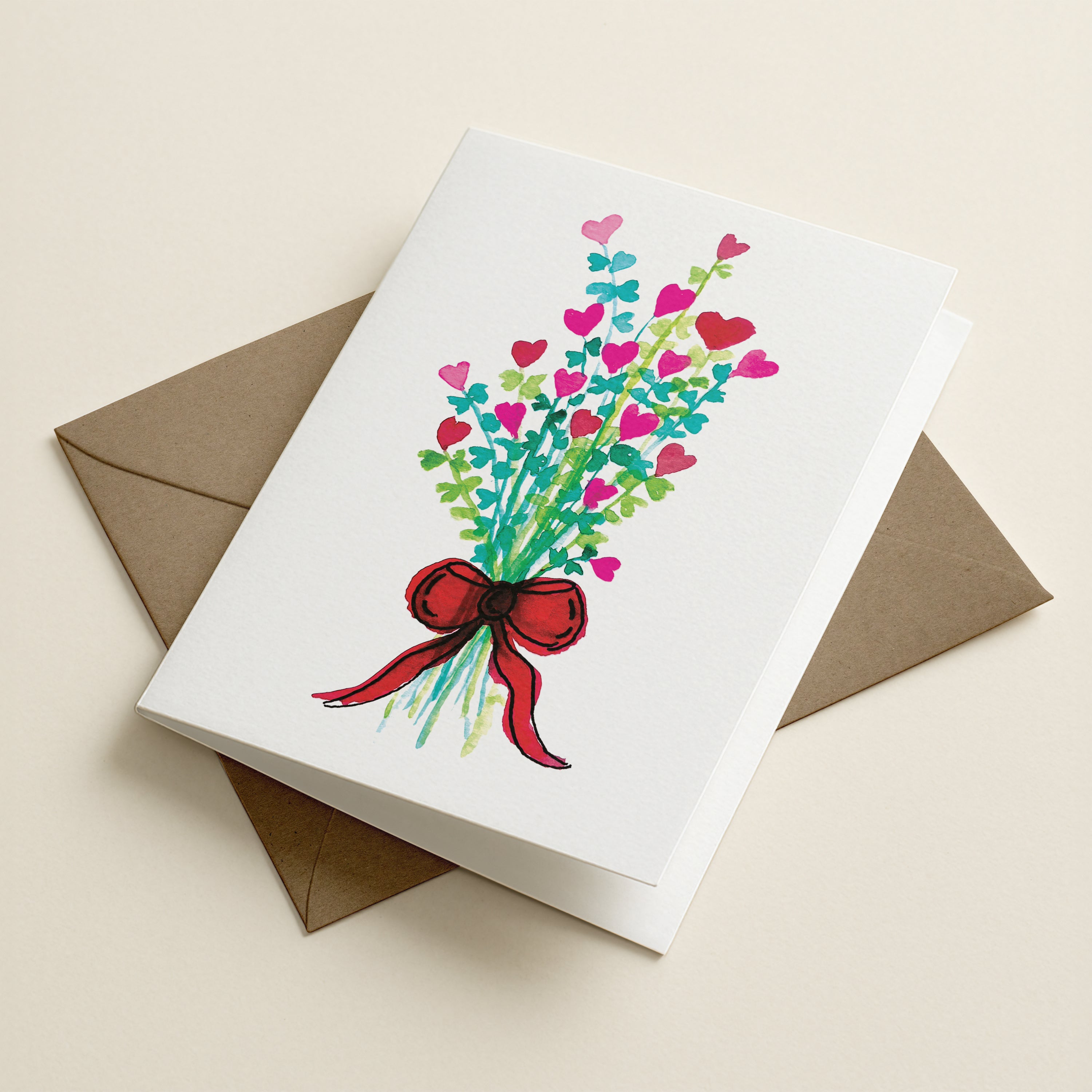 Bunch Of Hearts - Red Bow - Botanical Greeting Card
